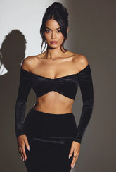 Velvet Off-Shoulder Ruched Crop Top in Jet Black