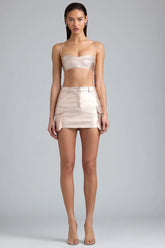 Metallic Denim Mid-Rise Cargo Mini Skirt in Champagne