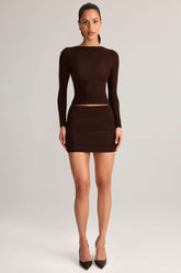 Modal Ruched Mid-Rise Mini Skirt in Chocolate Brown
