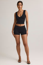 Modal Ribbed Mid-Rise Foldover Shorts in Black