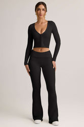 Modal Ribbed Foldover Flared Trousers in Black