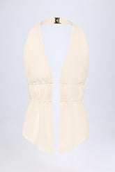 Cut-Out Semi-Sheer Ruched Halterneck Crop Top in Ivory