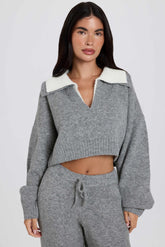 Soft Knit Layered Collar Cropped Jumper in Grey
