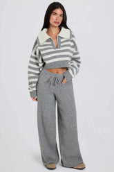 Knit Mid-Rise Wide-Leg Joggers in Grey