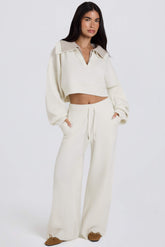 Knit Mid-Rise Wide-Leg Joggers in Ivory