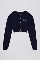 Premium Brushed Jersey Button-Up Cropped Cardigan in Classic Navy
