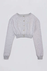 Premium Brushed Jersey Button-Up Cropped Cardigan in Grey Marl