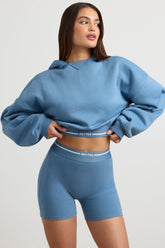 Stretch Cotton Fleece Cropped Hoodie in Steel Blue
