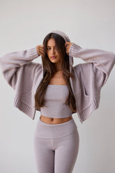 Chunky Knit Zip-Up Cropped Hoodie in Dusty Lavender