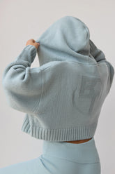 Chunky Knit Zip-Up Cropped Hoodie in Dusty Teal