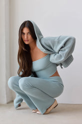 Chunky Knit Foldover Kick Flare Trousers in Dusty Teal