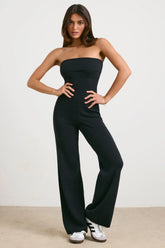 Chunky Knit Bandeau Kick Flare Jumpsuit in Black