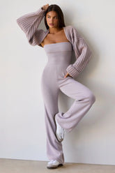 Chunky Knit Bandeau Kick Flare Jumpsuit in Dusty Lavender