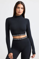 Backless Turtleneck Long-Sleeve Crop Top in Black