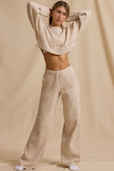 Ribbed Knit Mid-Rise Wide-Leg Joggers in Cream Marl