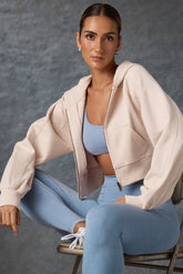 Brushed Jersey Zip-Up Cropped Hoodie in Washed Cream
