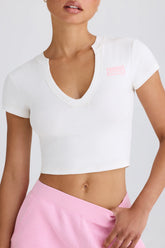 Stretch Cotton Jersey Graphic Print Cropped T-Shirt in White