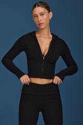 Cable Knit Zip-Up Hoodie in Black