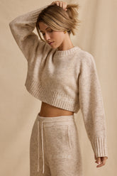 Ribbed Knit Cropped Jumper in Cream Marl