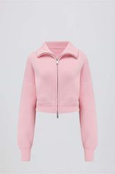 Ribbed Knit Zip-Up Cropped Sweatshirt in Pale Pink