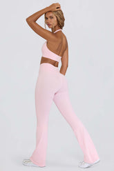Brushed Jersey Ruched Flared Trousers in Pale Pink Marl