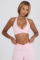 Brushed Jersey V-Neck Sports Bra in Pale Pink Marl