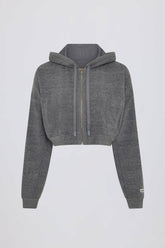 Terry Cotton Zip-Up Cropped Hoodie in Dark Grey
