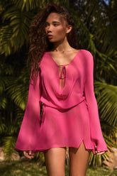 Cowl-Neck Mini Dress in Fuchsia Pink