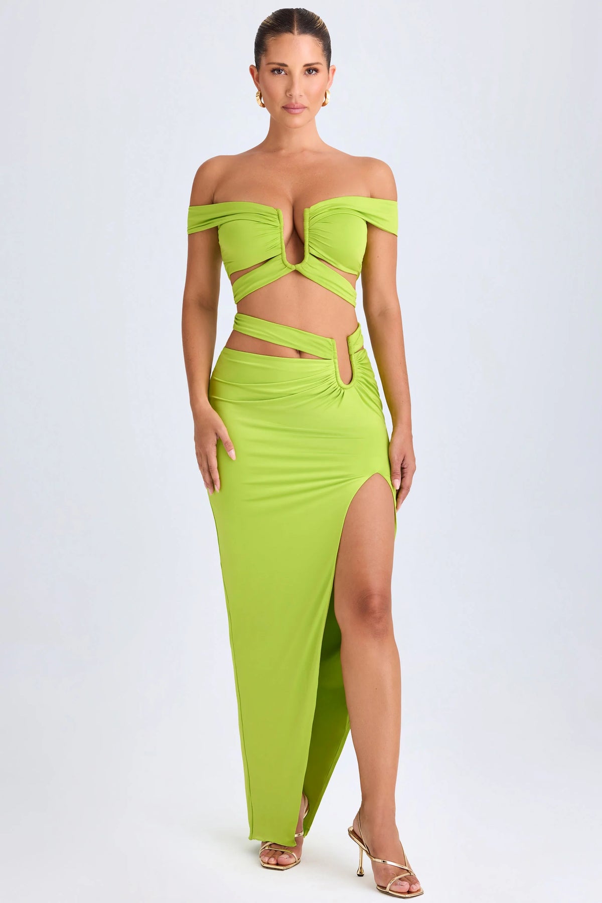 Asymmetric Cut-Out Maxi Skirt in Lime Green
