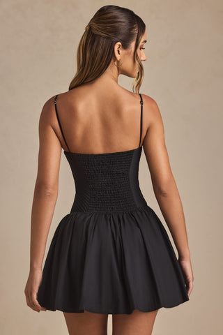 Pintucked Shirred Mini Dress in Black