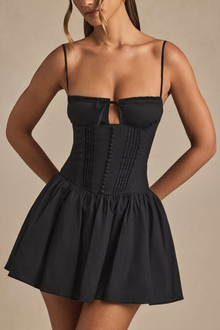 Pintucked Shirred Mini Dress in Black