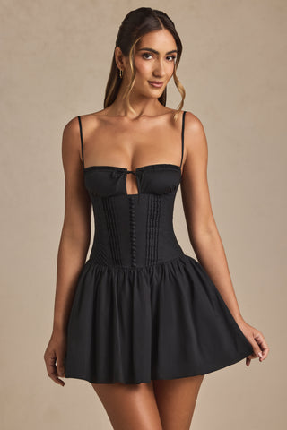 Pintucked Shirred Mini Dress in Black