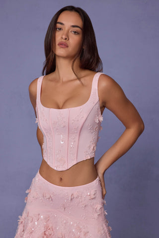 Embellished Lace-Up Corset Top in Soft Pink