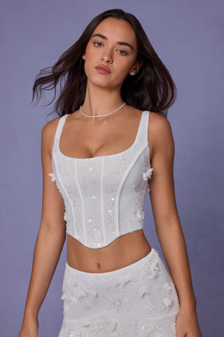 Embellished Lace-Up Corset Top in White