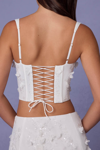 Embellished Lace-Up Corset Top in White