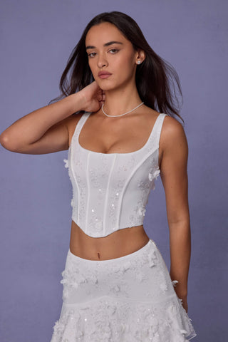 Embellished Lace-Up Corset Top in White