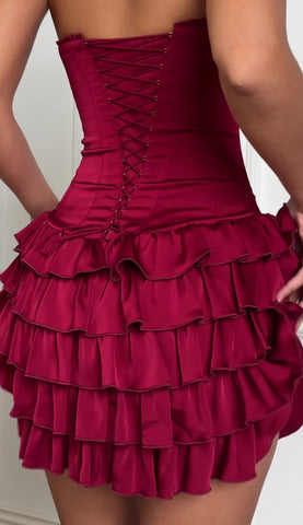 Bandeau Ruffled Tiered Corset Mini Dress in Berry Red