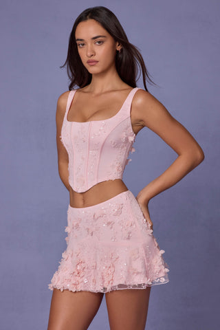 Embellished Mid-Rise A-Line Mini Skirt in Soft Pink