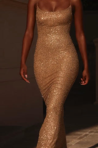 Embellished Fishtail Maxi Dress in Gold