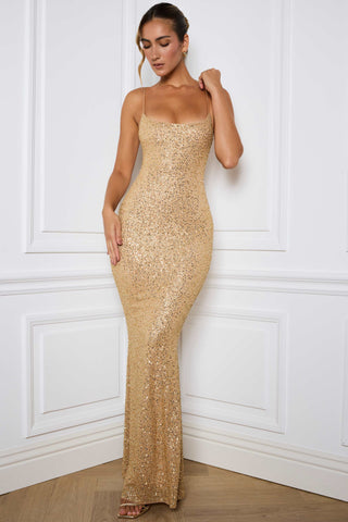 Embellished Fishtail Maxi Dress in Gold