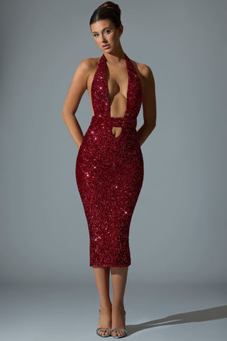 Embellished Cut-Out Open-Back Midaxi Dress in Red