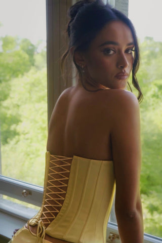 Lace-Up Corset Top in Pastel Yellow