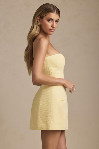 Sweetheart-Neck Strapless Structured Mini Dress in Pastel Yellow