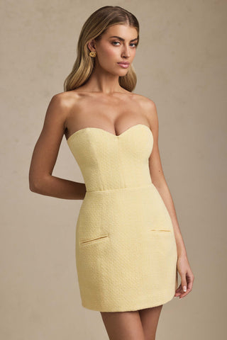 Sweetheart-Neck Strapless Structured Mini Dress in Pastel Yellow