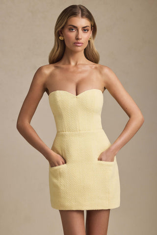 Sweetheart-Neck Strapless Structured Mini Dress in Pastel Yellow
