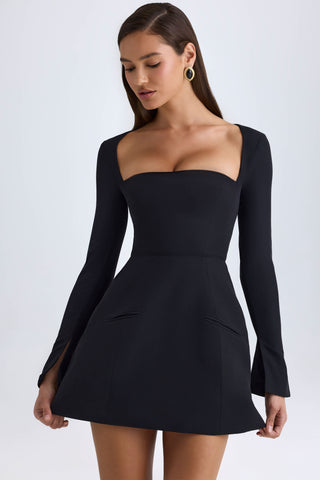 Square-Neck Structured Tulip Mini Dress in Black