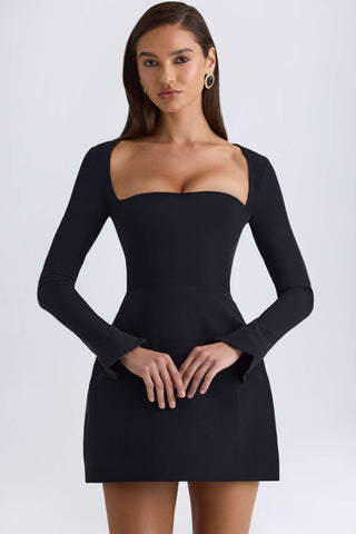 Square-Neck Structured Tulip Mini Dress in Black