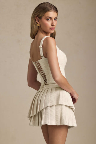Layered Pleated Low-Rise Mini Skirt in Ivory