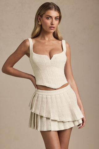 Layered Pleated Low-Rise Mini Skirt in Ivory