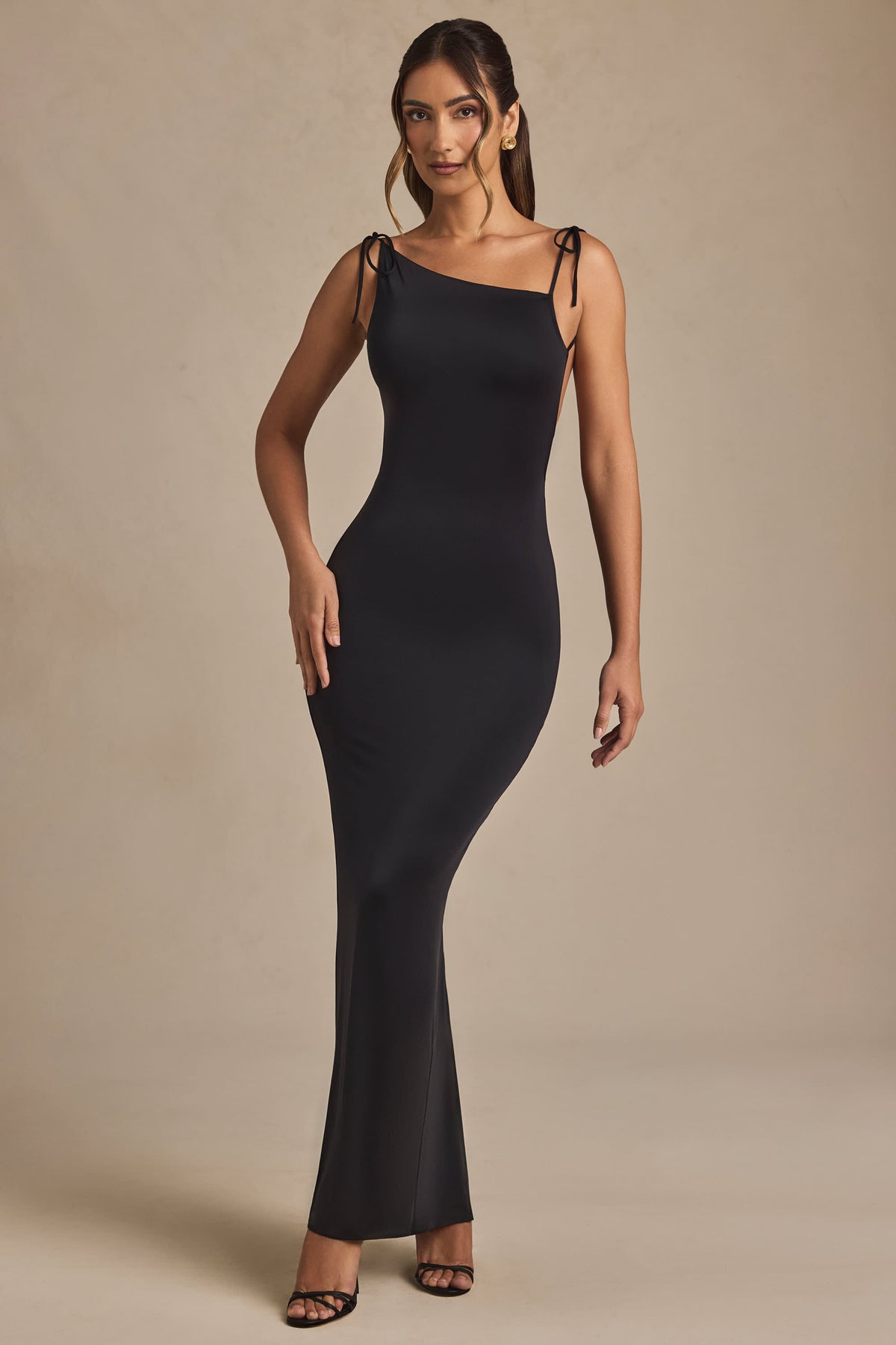 Ruched Backless Maxi Dress in Black